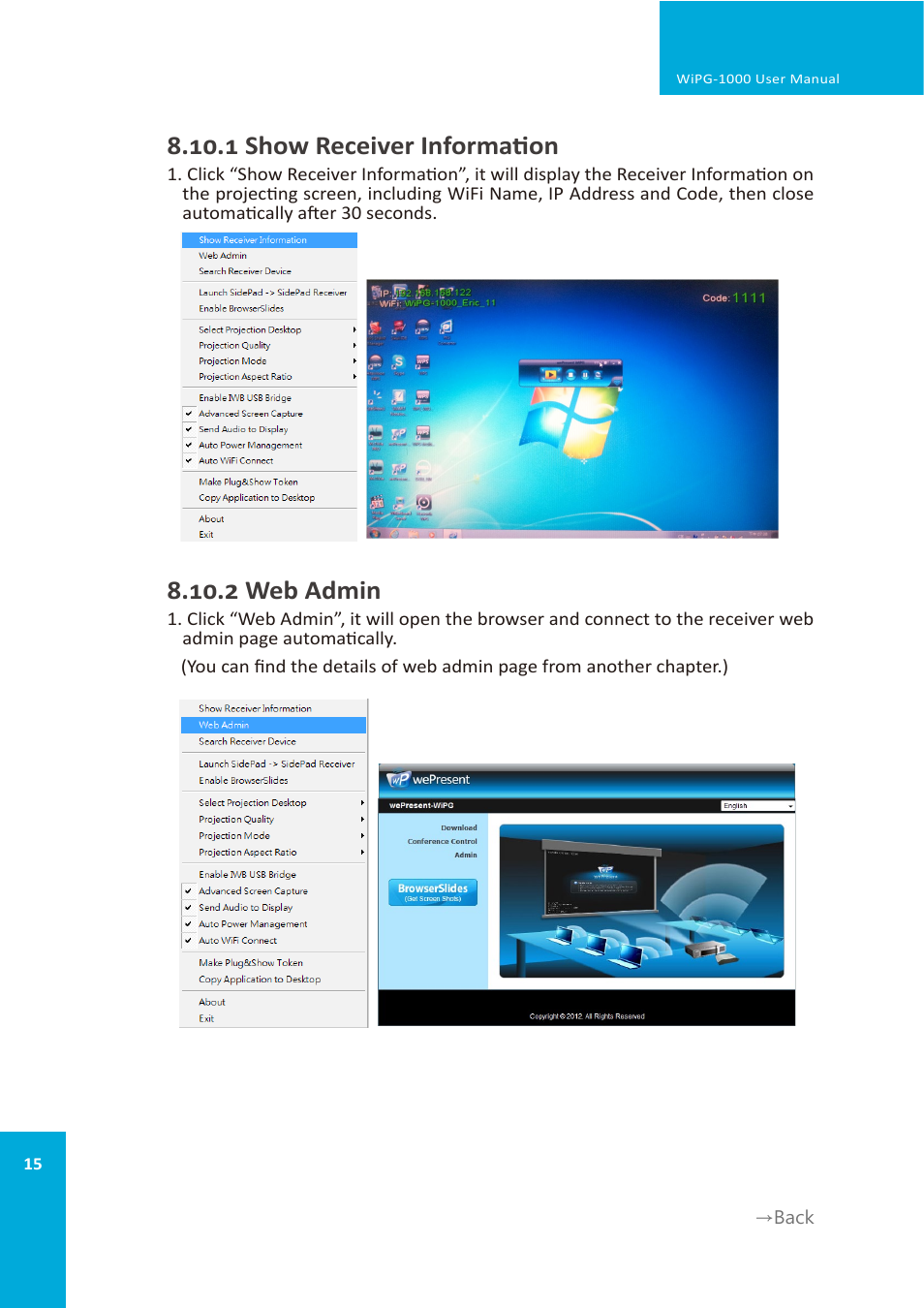 1 show receiver information, 2 web admin | wePresent WiPG-1000 User Manual | Page 15 / 46