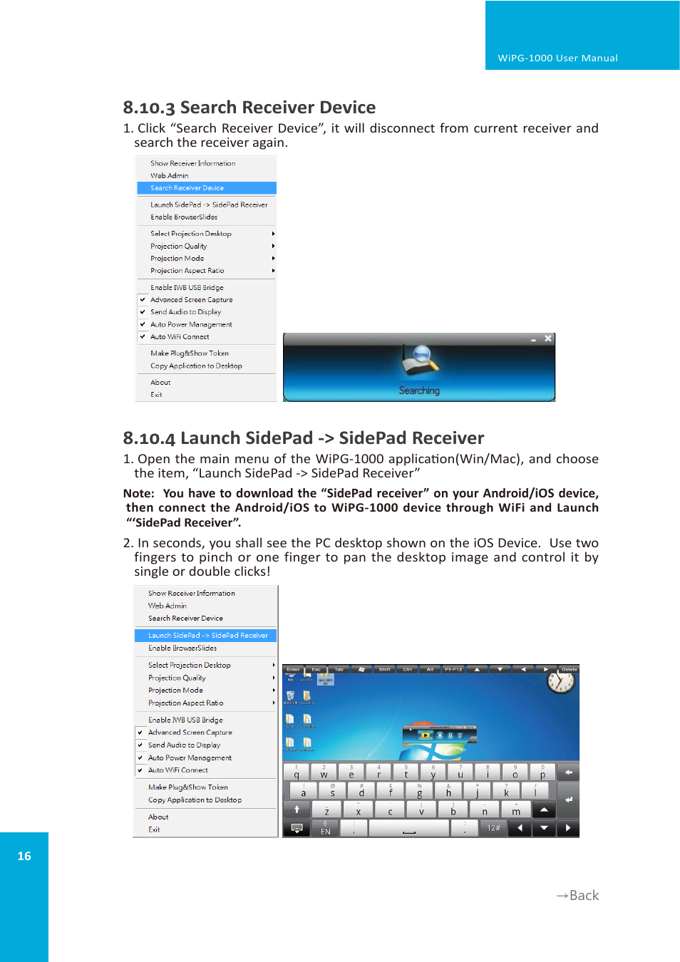3 search receiver device, 4 launch sidepad -> sidepad receiver | wePresent WiPG-1000 User Manual | Page 16 / 46