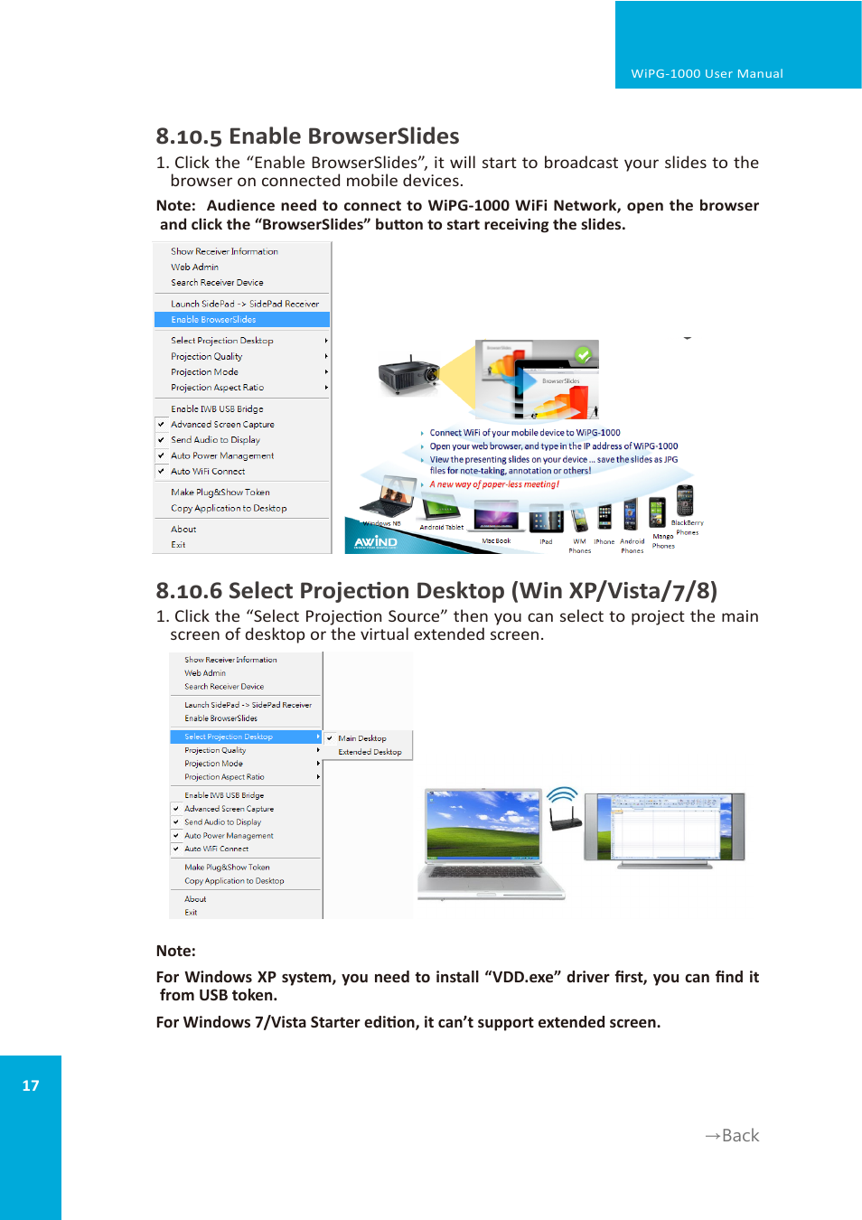 5 enable browserslides, 6 select projection desktop (win xp/vista/7/8) | wePresent WiPG-1000 User Manual | Page 17 / 46