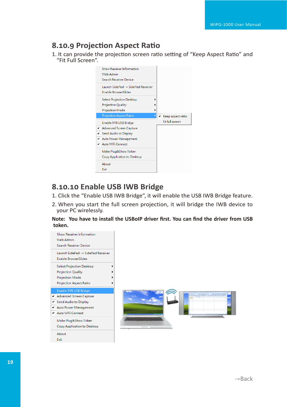 9 projection aspect ratio, 10 enable usb iwb bridge | wePresent WiPG-1000 User Manual | Page 19 / 46