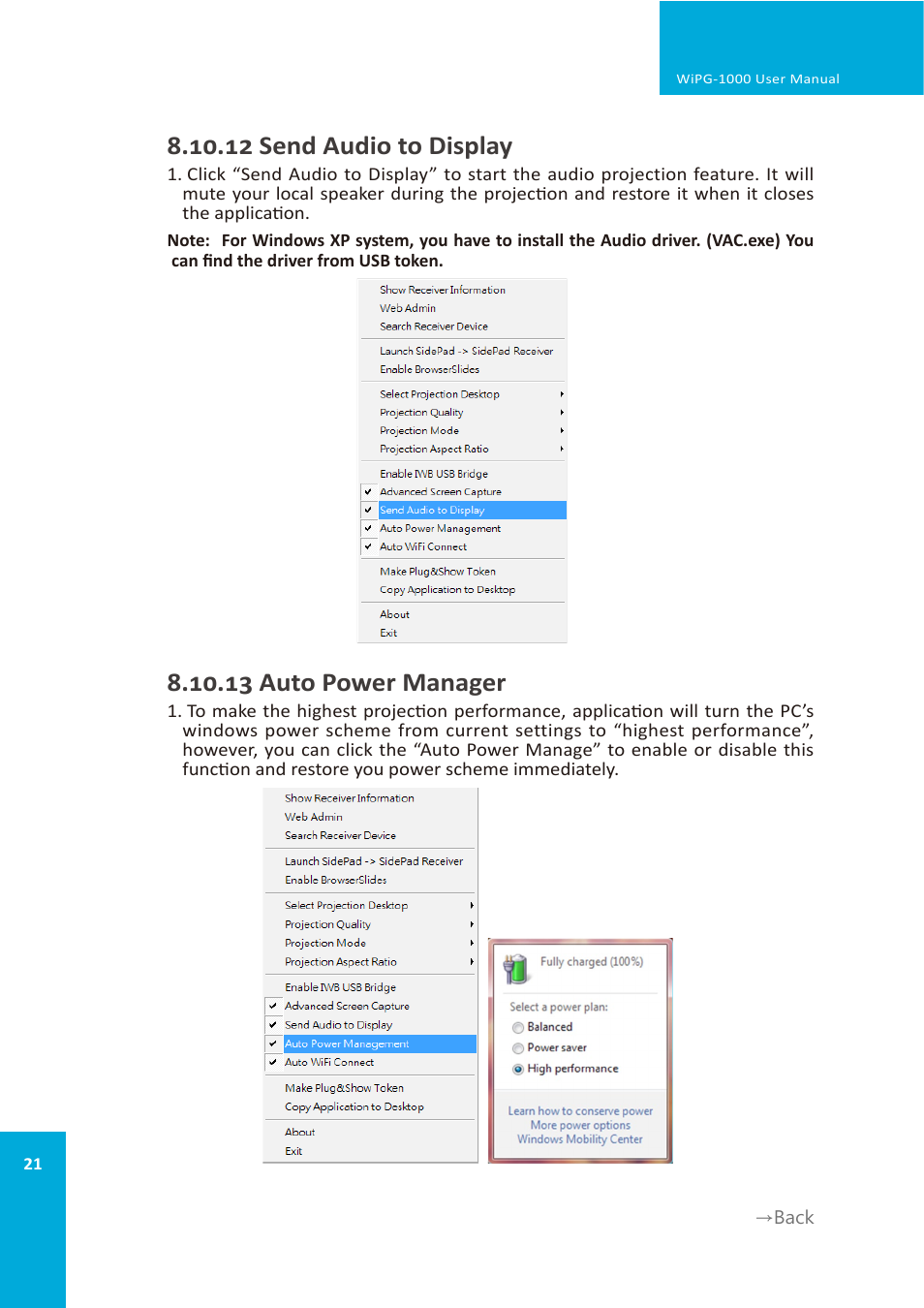 12 send audio to display, 13 auto power manager | wePresent WiPG-1000 User Manual | Page 21 / 46
