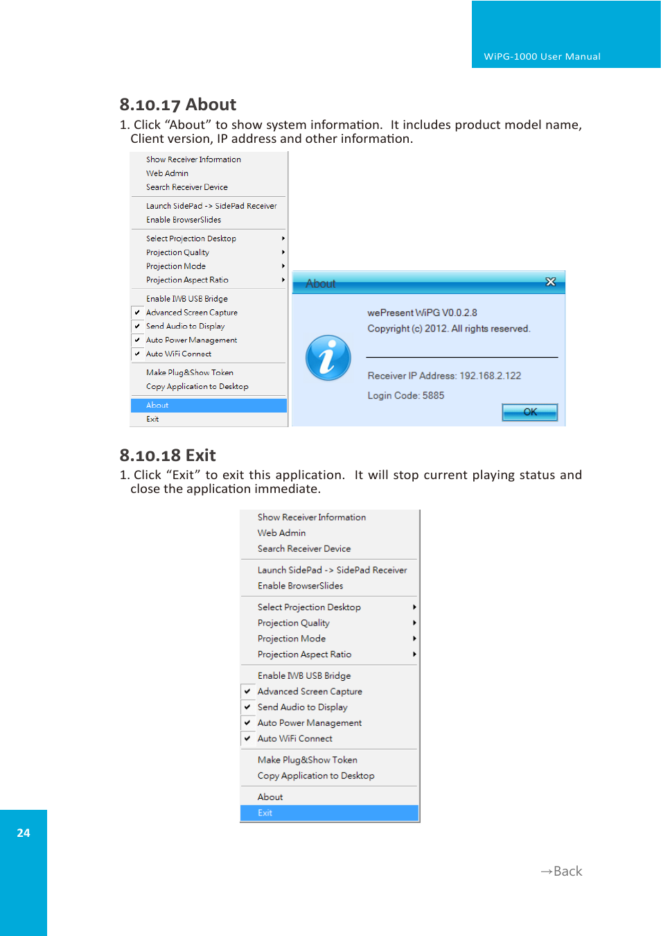 17 about, 18 exit | wePresent WiPG-1000 User Manual | Page 24 / 46