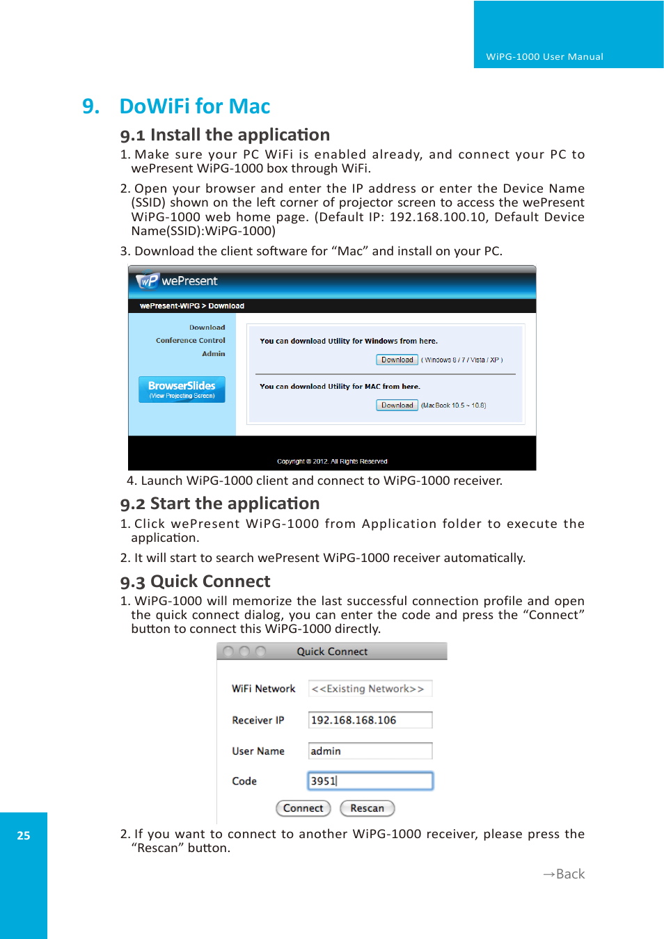 Dowifi for mac, 1 install the application, 2 start the application | 3 quick connect | wePresent WiPG-1000 User Manual | Page 25 / 46