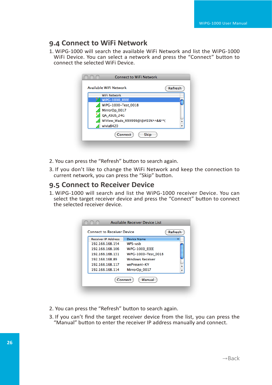 4 connect to wifi network, 5 connect to receiver device | wePresent WiPG-1000 User Manual | Page 26 / 46