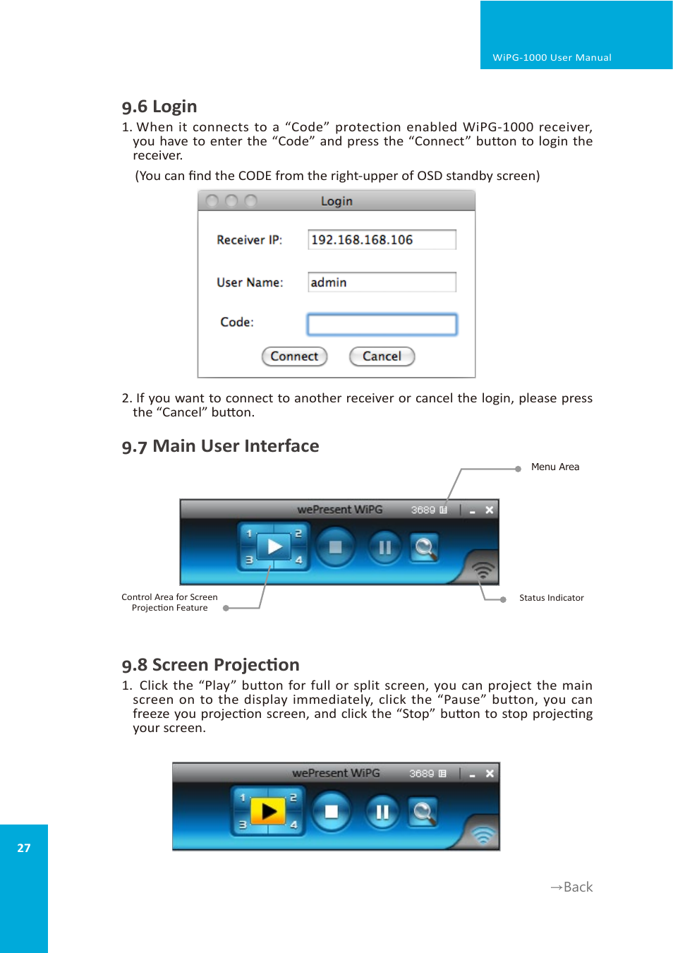 6 login, 7 main user interface, 8 screen projection | wePresent WiPG-1000 User Manual | Page 27 / 46