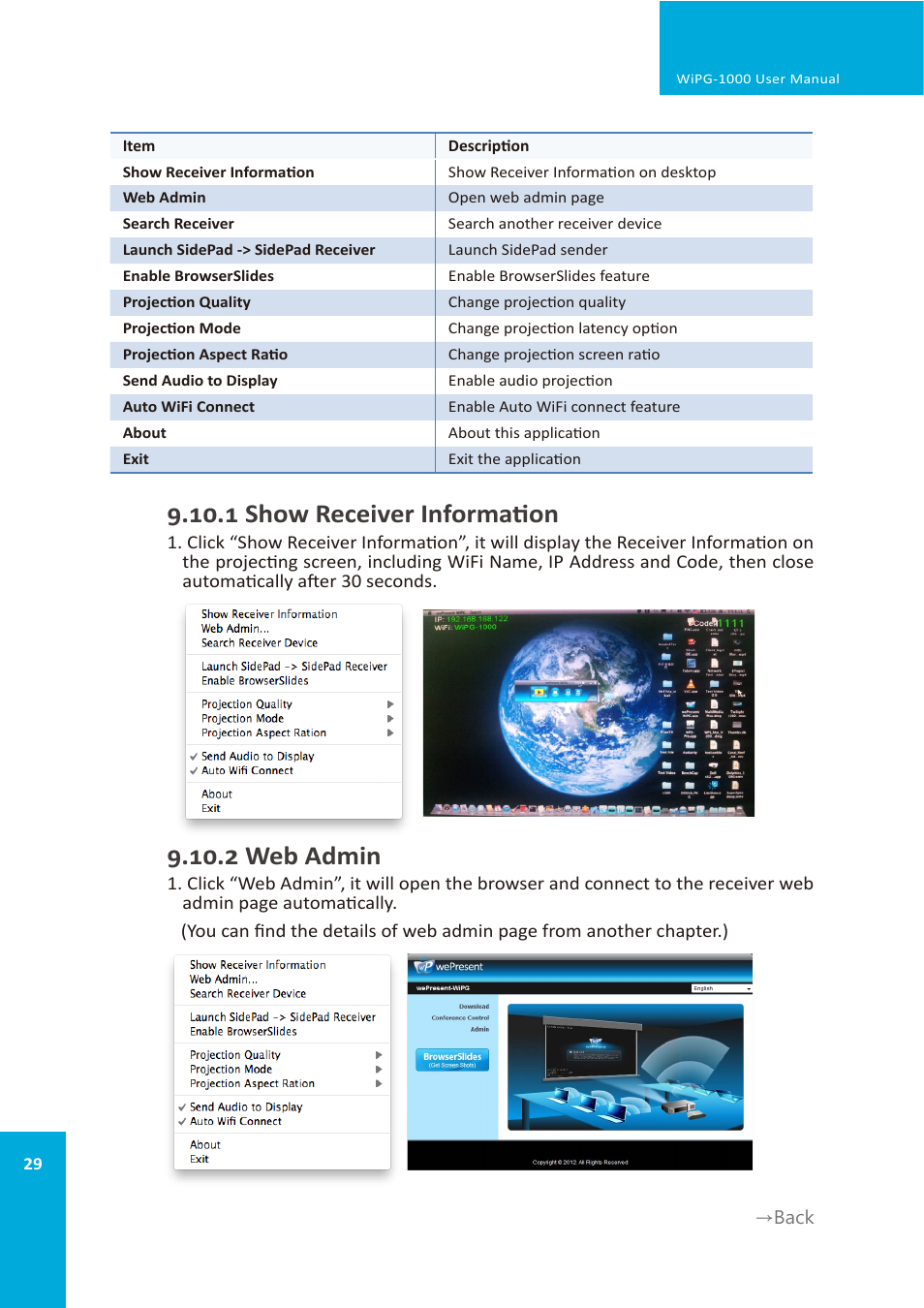 1 show receiver information, 2 web admin | wePresent WiPG-1000 User Manual | Page 29 / 46