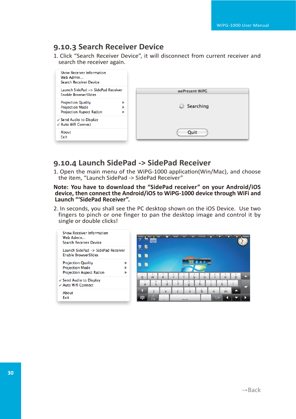 3 search receiver device, 4 launch sidepad -> sidepad receiver | wePresent WiPG-1000 User Manual | Page 30 / 46