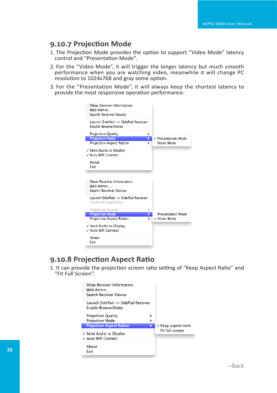 7 projection mode, 8 projection aspect ratio | wePresent WiPG-1000 User Manual | Page 32 / 46