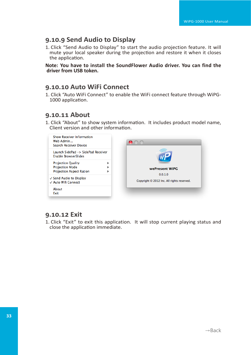 9 send audio to display, 10 auto wifi connect, 11 about | 12 exit | wePresent WiPG-1000 User Manual | Page 33 / 46