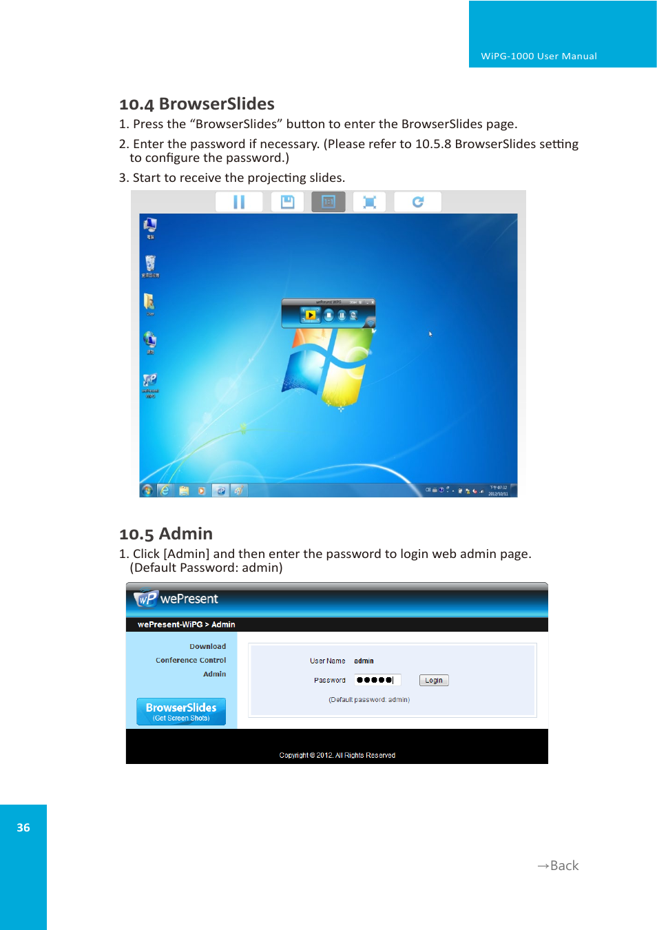 4 browserslides, 5 admin | wePresent WiPG-1000 User Manual | Page 36 / 46