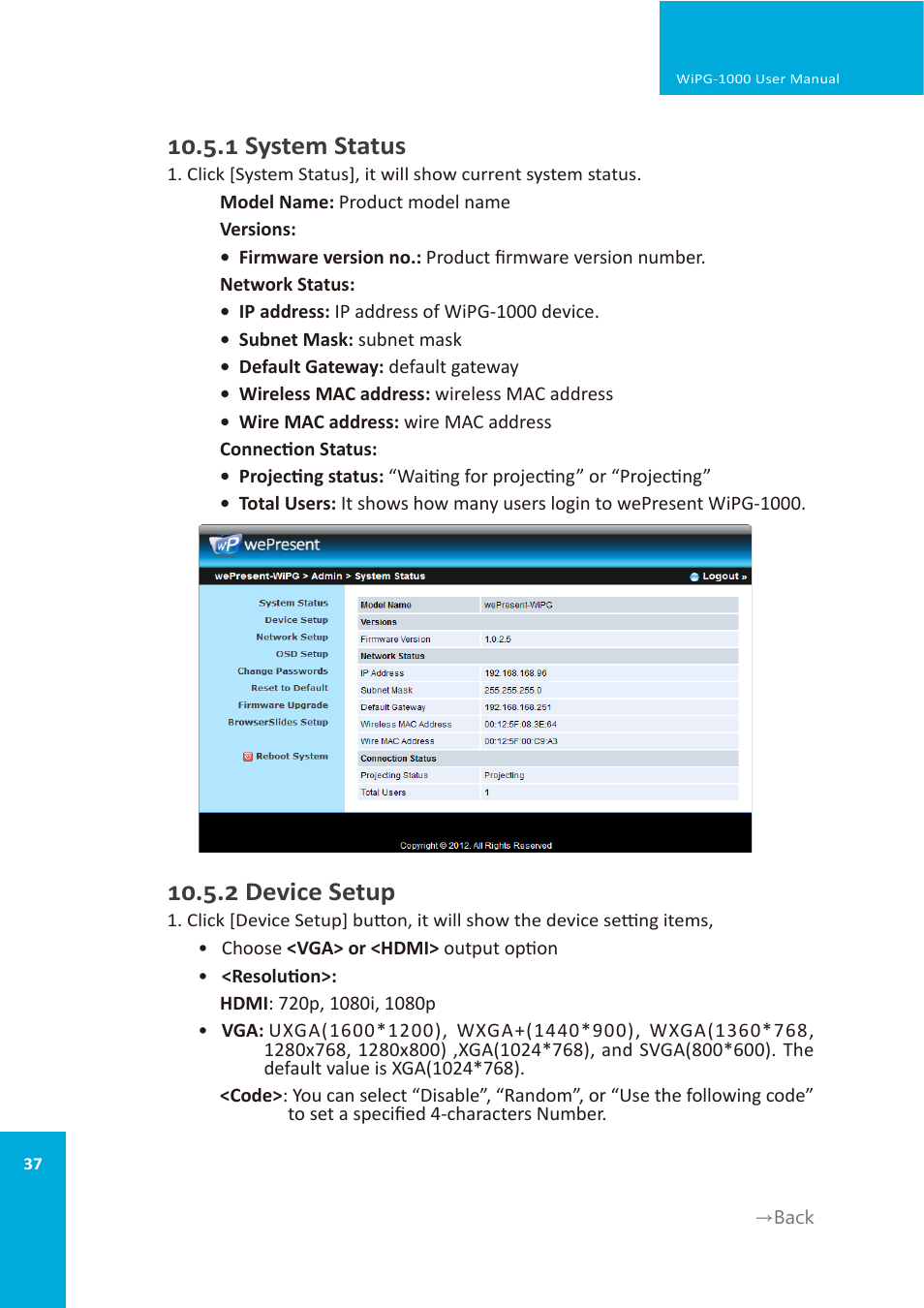 1 system status, 2 device setup | wePresent WiPG-1000 User Manual | Page 37 / 46