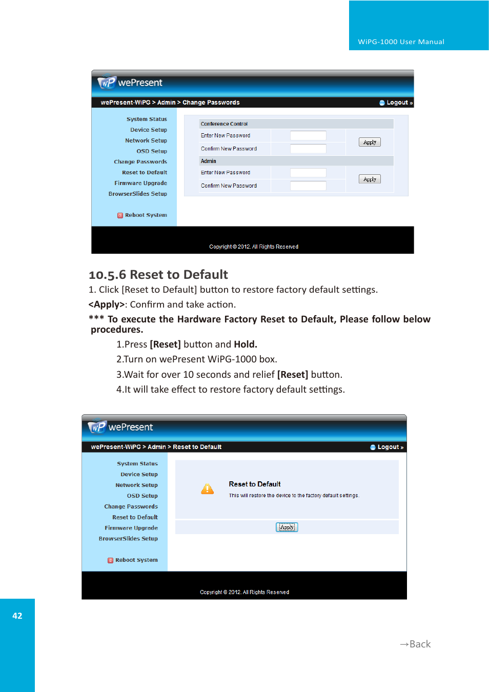 6 reset to default | wePresent WiPG-1000 User Manual | Page 42 / 46