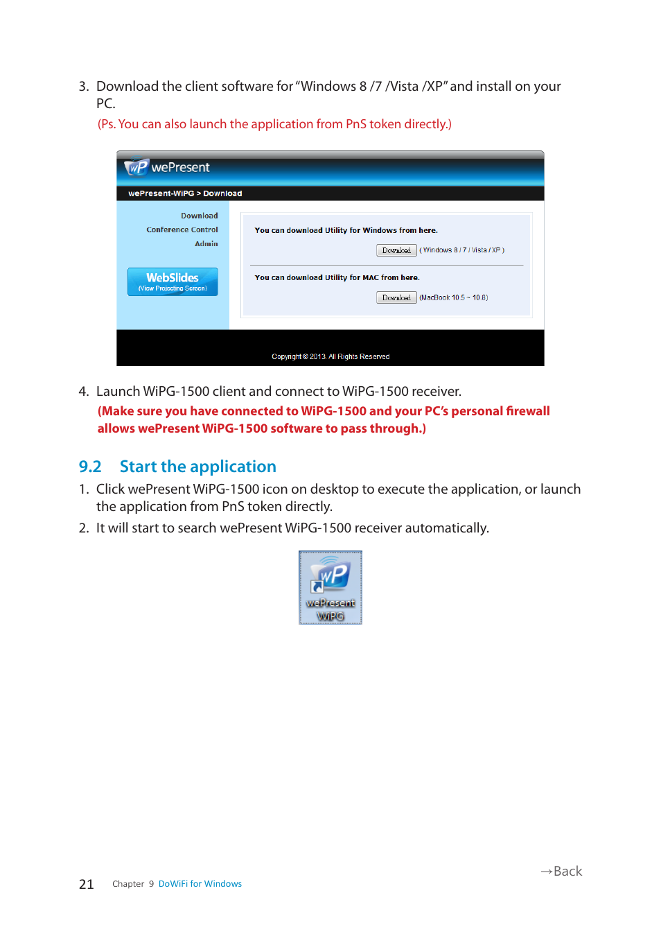 2 start the application | wePresent WiPG-1500 User Manual | Page 21 / 59