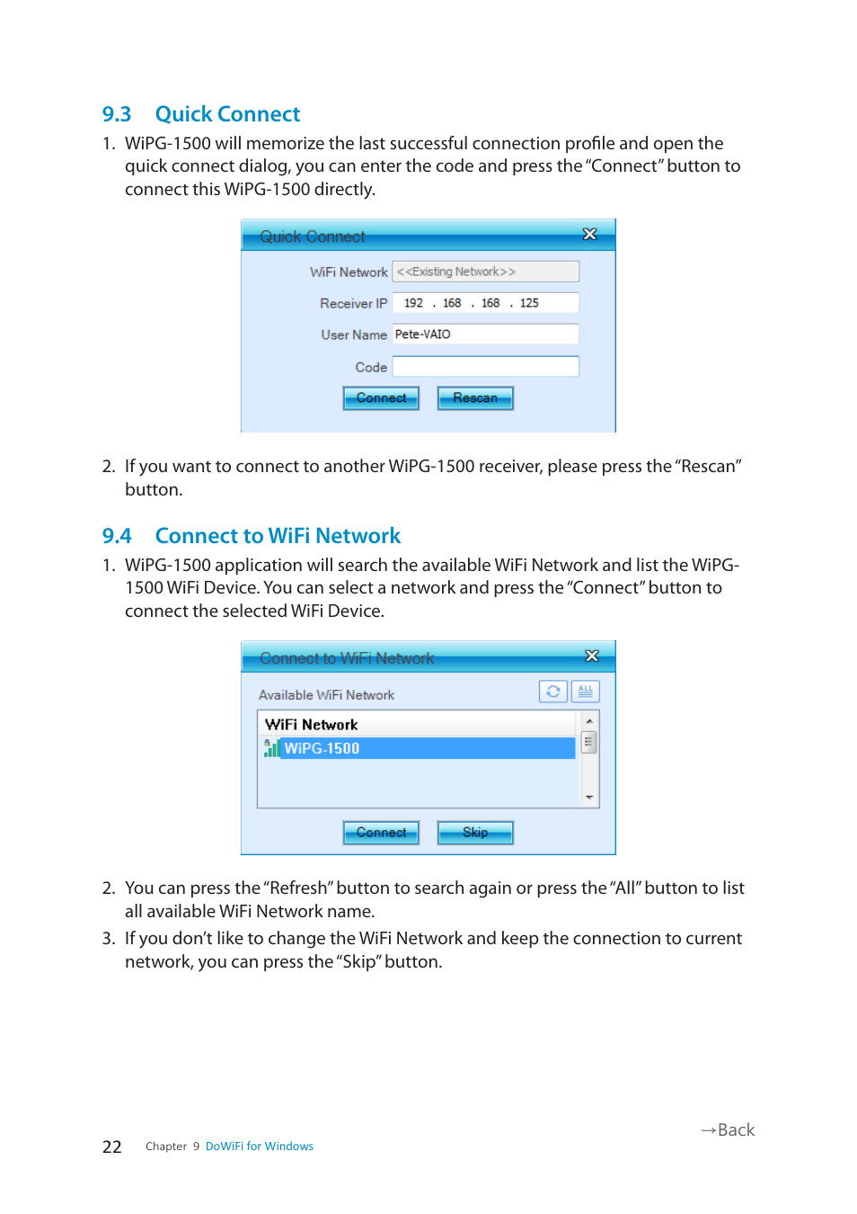 3 quick connect, 4 connect to wifi network | wePresent WiPG-1500 User Manual | Page 22 / 59