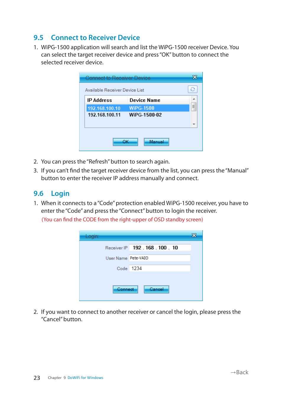 5 connect to receiver device, 6 login | wePresent WiPG-1500 User Manual | Page 23 / 59
