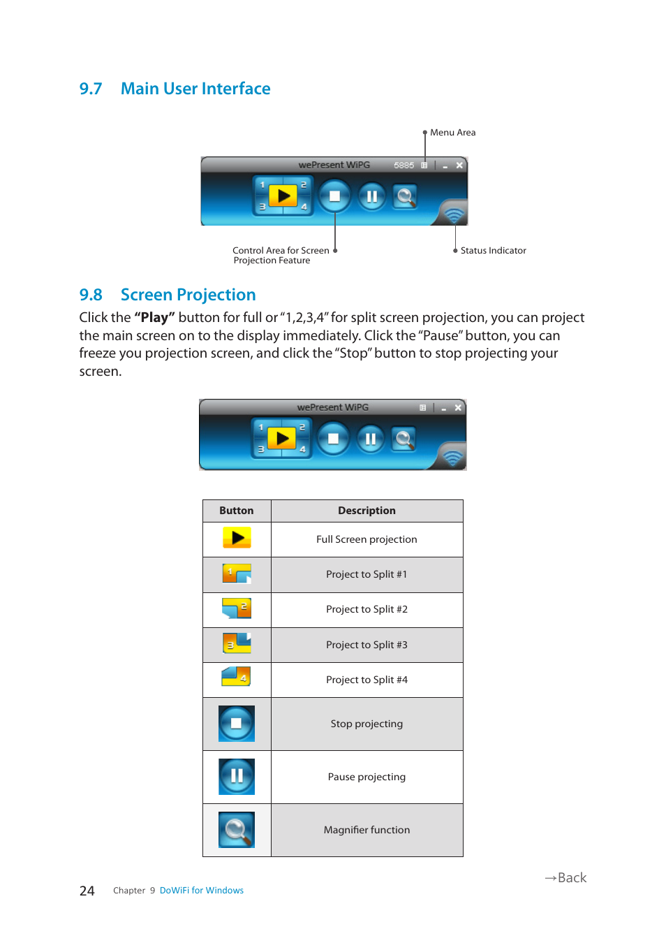 7 main user interface, 8 screen projection | wePresent WiPG-1500 User Manual | Page 24 / 59