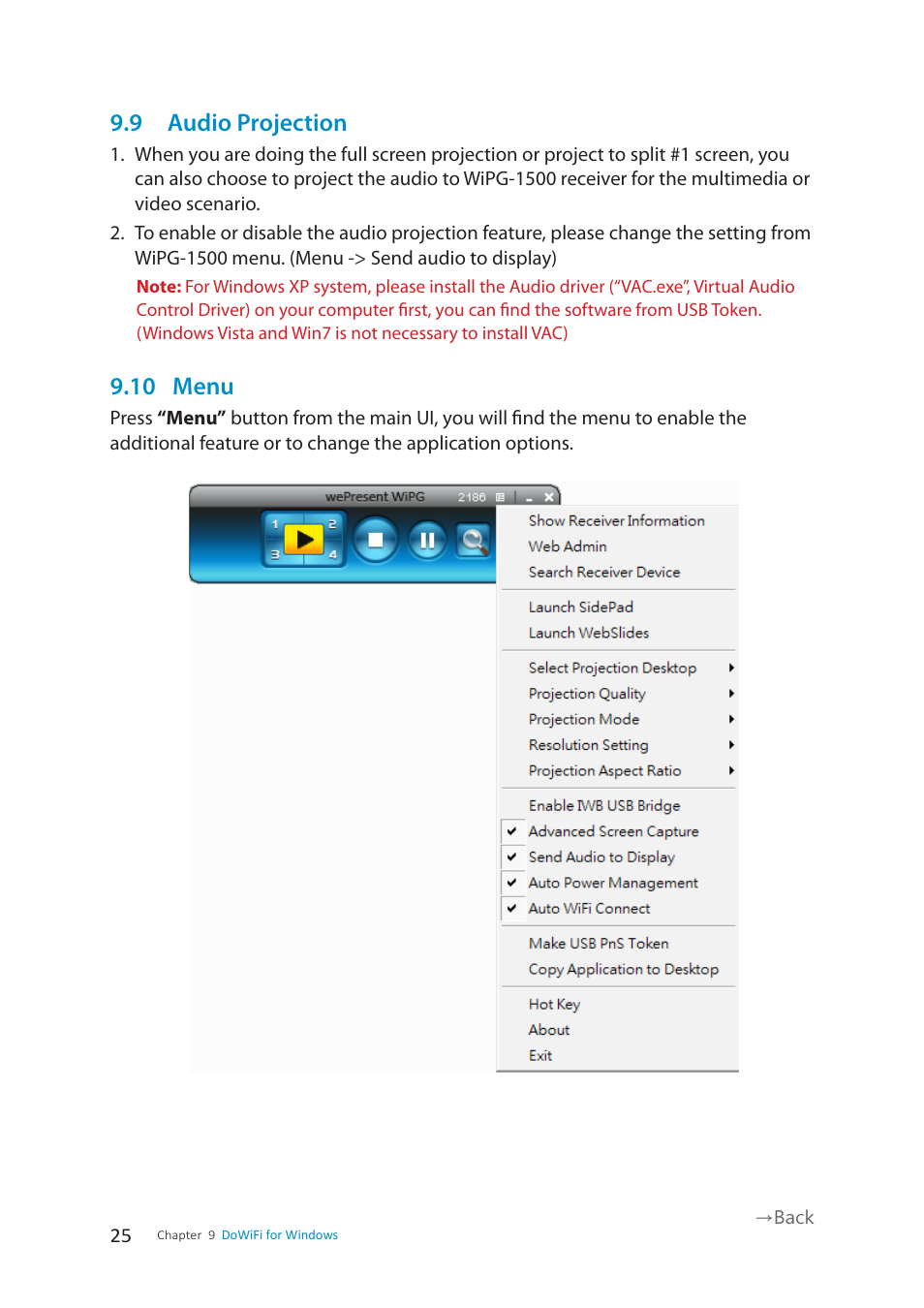 9 audio projection, 10 menu | wePresent WiPG-1500 User Manual | Page 25 / 59