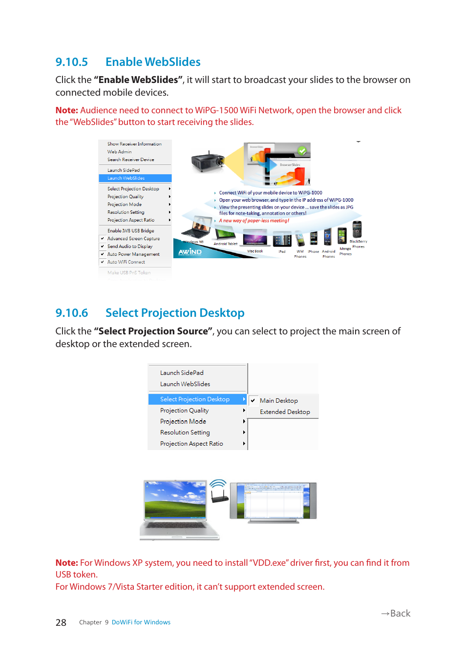 5 enable webslides, 6 select projection desktop | wePresent WiPG-1500 User Manual | Page 28 / 59