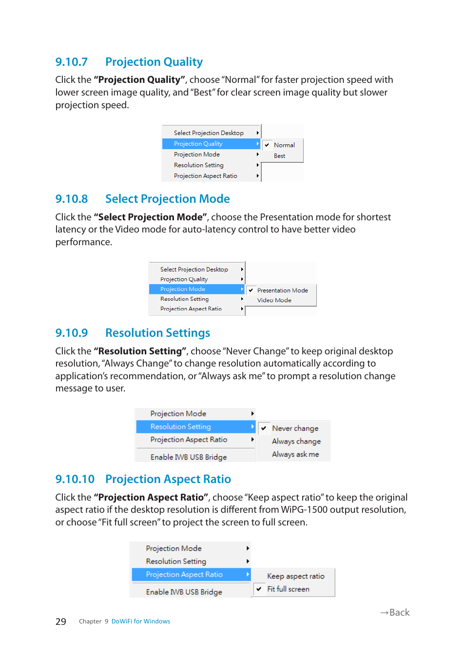 7 projection quality, 8 select projection mode, 9 resolution settings | 10 projection aspect ratio | wePresent WiPG-1500 User Manual | Page 29 / 59