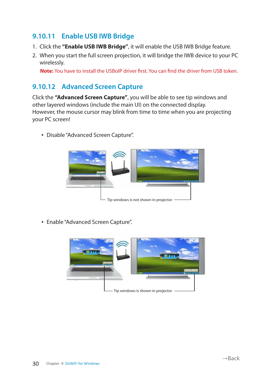 11 enable usb iwb bridge, 12 advanced screen capture | wePresent WiPG-1500 User Manual | Page 30 / 59