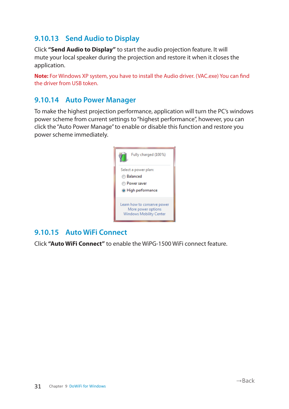 13 send audio to display, 14 auto power manager, 15 auto wifi connect | wePresent WiPG-1500 User Manual | Page 31 / 59