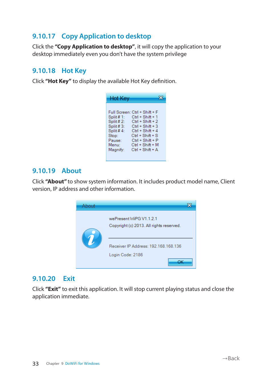 17 copy application to desktop, 18 hot key, 19 about | 20 exit | wePresent WiPG-1500 User Manual | Page 33 / 59