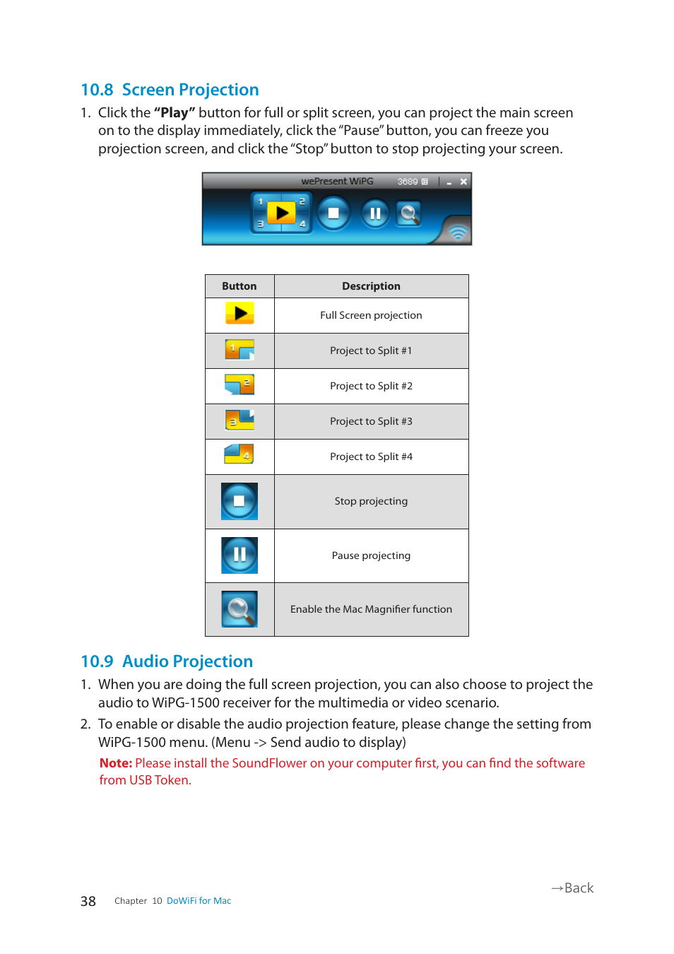 8 screen projection, 9 audio projection | wePresent WiPG-1500 User Manual | Page 38 / 59