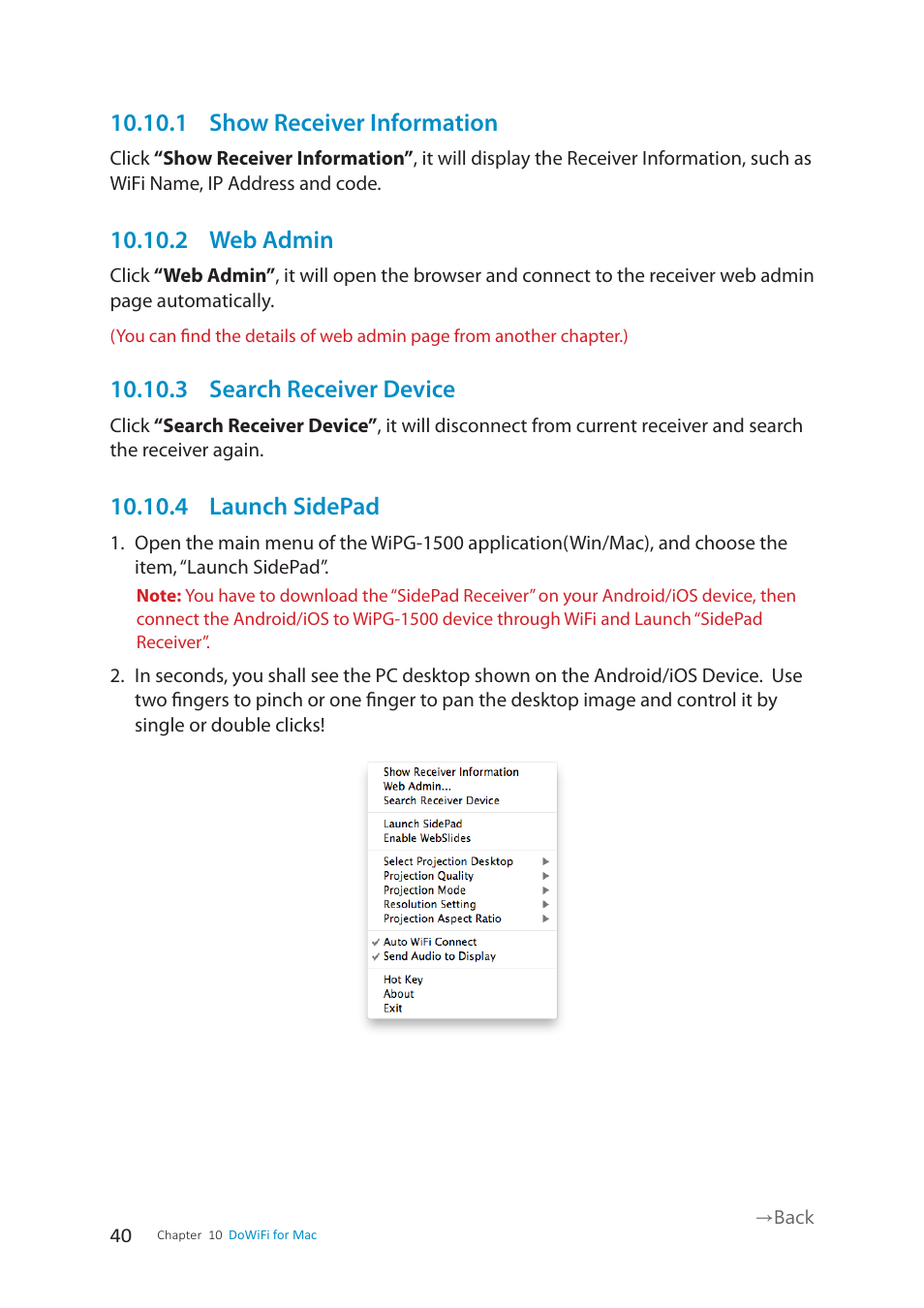 1 show receiver information, 2 web admin, 3 search receiver device | 4 launch sidepad | wePresent WiPG-1500 User Manual | Page 40 / 59
