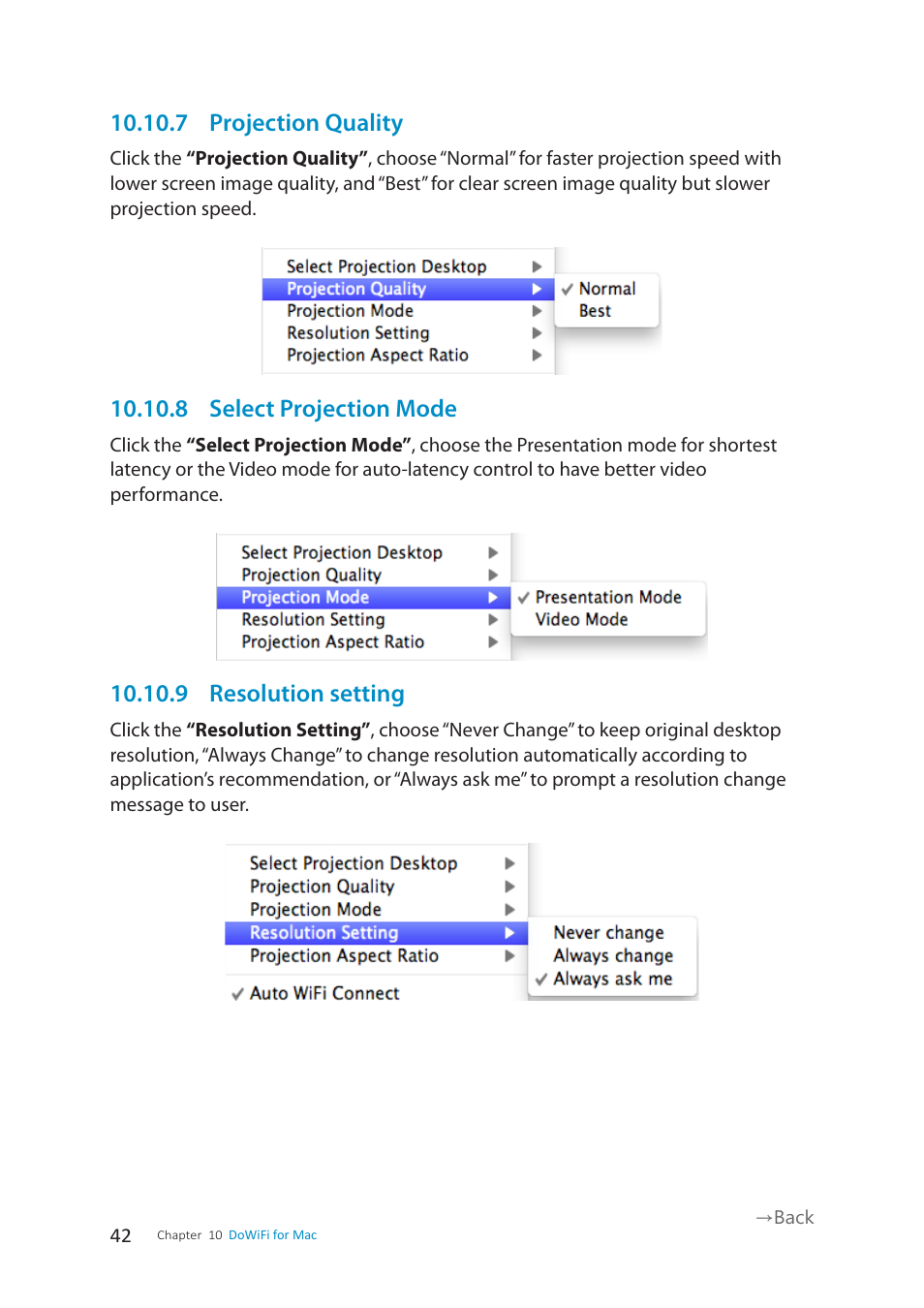 7 projection quality, 8 select projection mode, 9 resolution setting | wePresent WiPG-1500 User Manual | Page 42 / 59