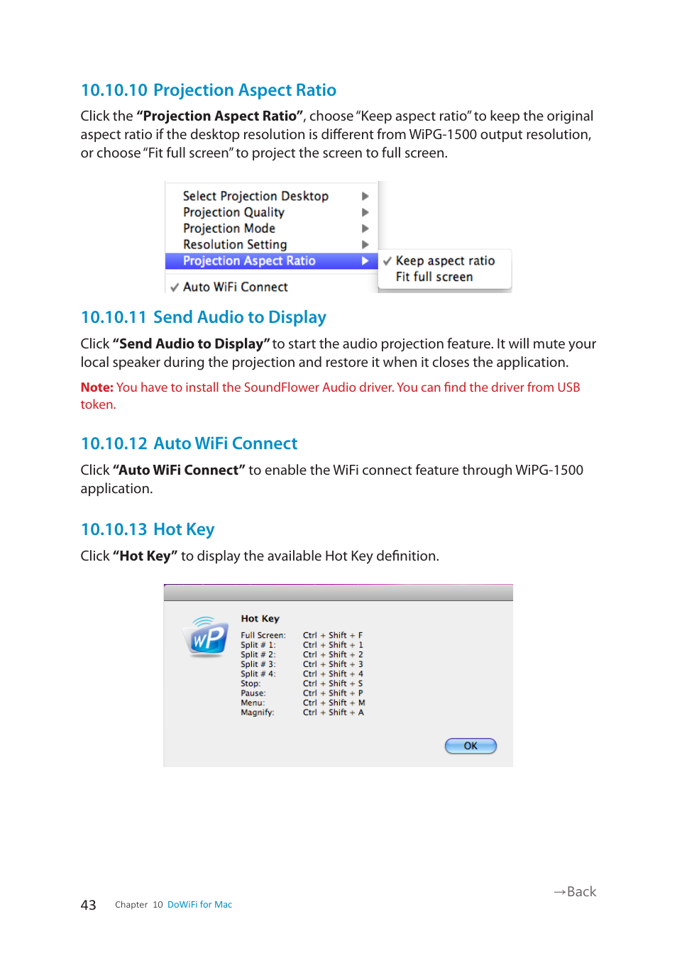 10 projection aspect ratio, 11 send audio to display, 12 auto wifi connect | 13 hot key | wePresent WiPG-1500 User Manual | Page 43 / 59