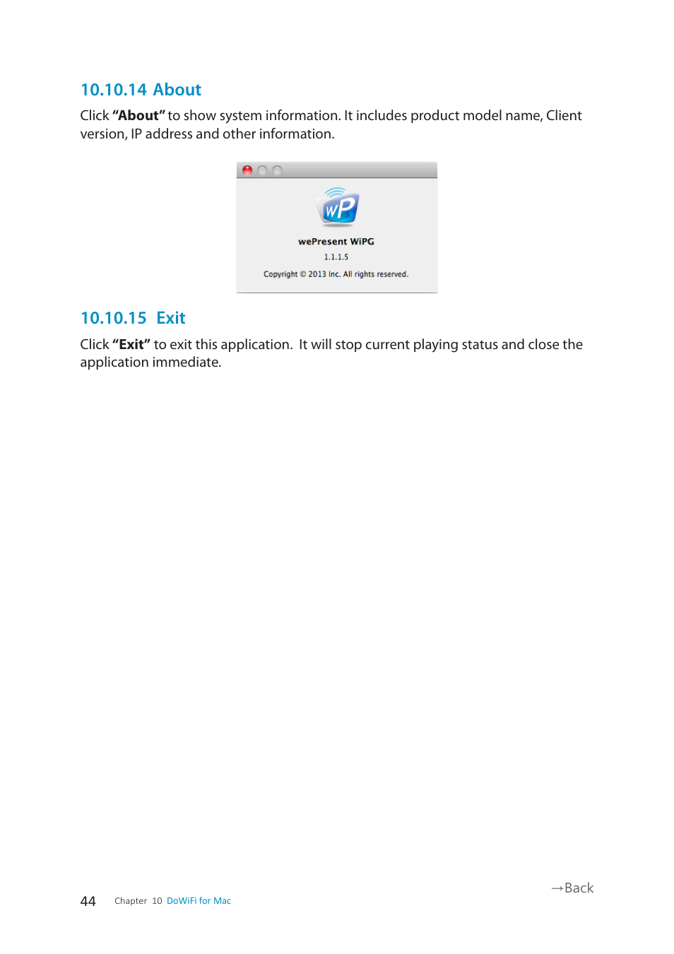 14 about, 15 exit | wePresent WiPG-1500 User Manual | Page 44 / 59