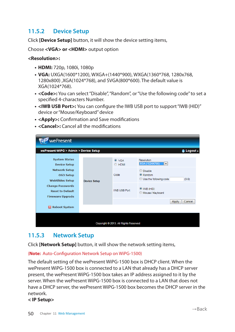 2 device setup, 3 network setup | wePresent WiPG-1500 User Manual | Page 50 / 59