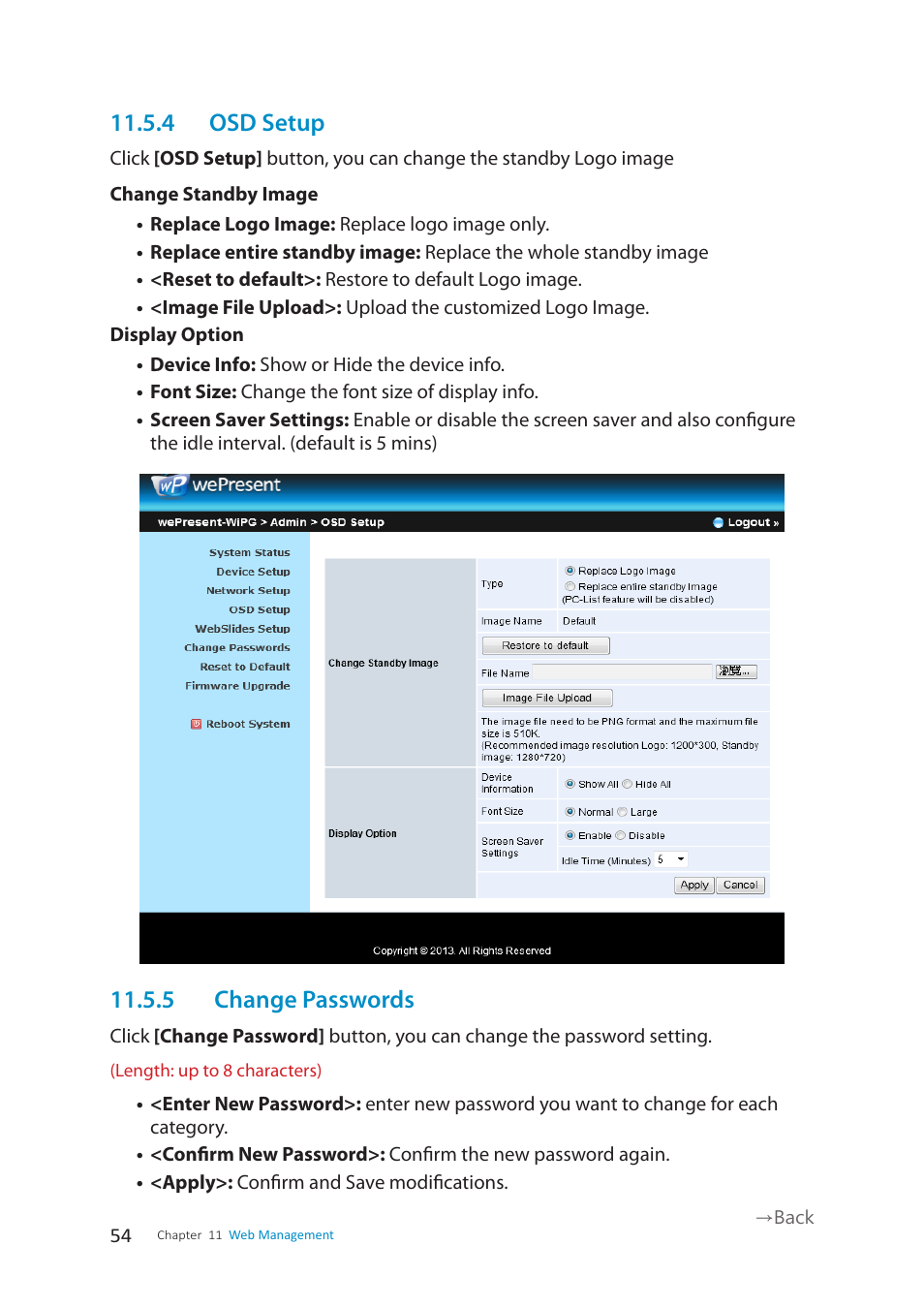 4 osd setup, 5 change passwords | wePresent WiPG-1500 User Manual | Page 54 / 59