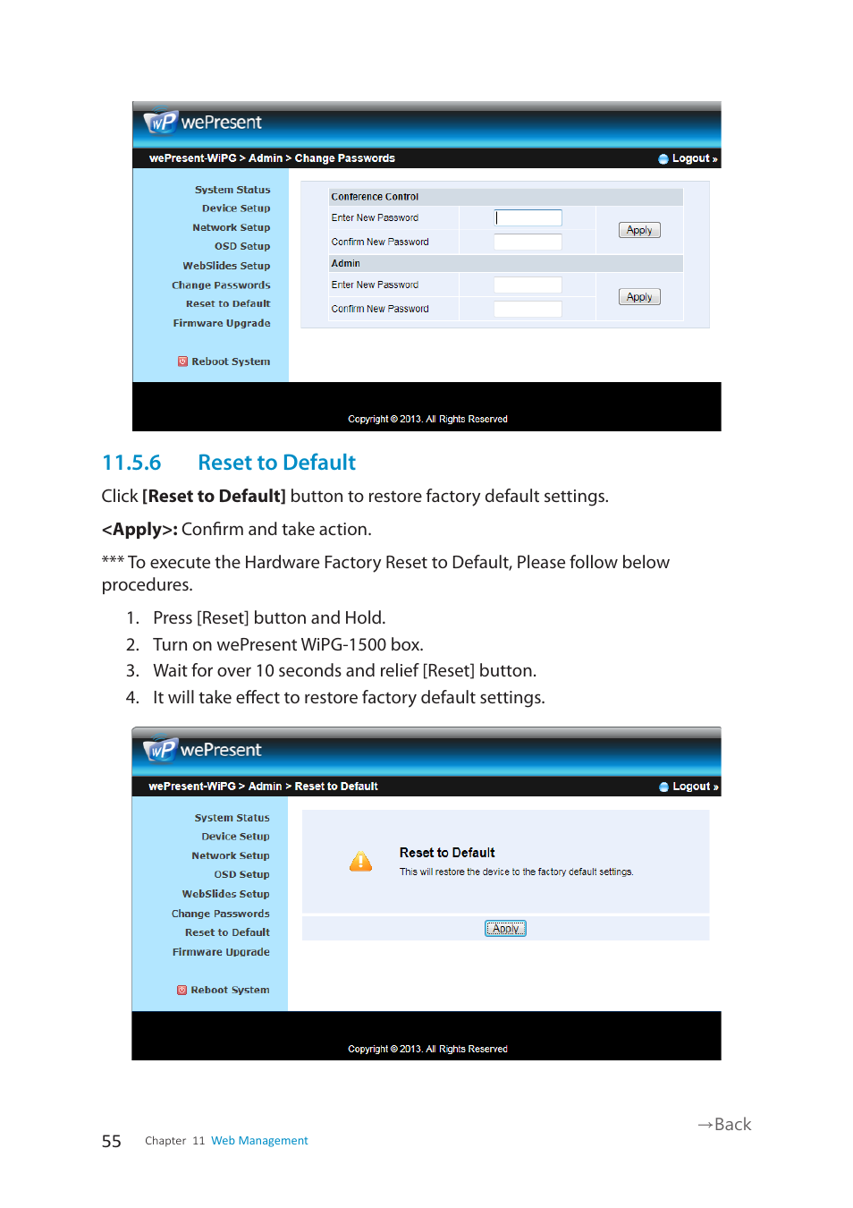 6 reset to default | wePresent WiPG-1500 User Manual | Page 55 / 59