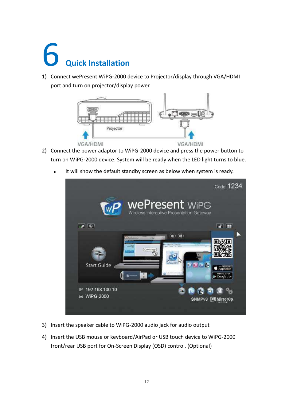 Quick installation | wePresent WiPG-2000 User Manual | Page 12 / 72