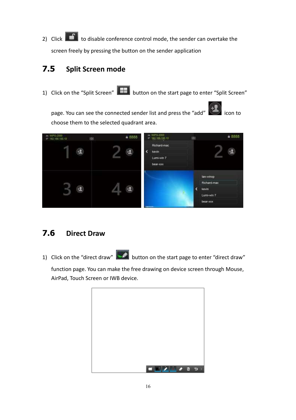 5 split screen mode, 6 direct draw | wePresent WiPG-2000 User Manual | Page 16 / 72