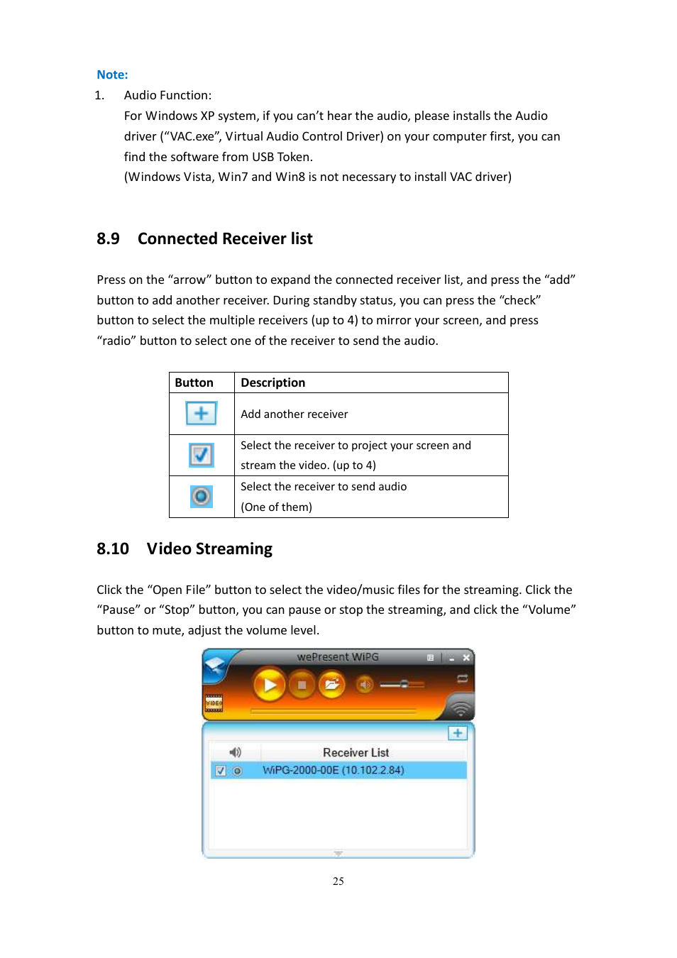 9 connected receiver list, 10 video streaming | wePresent WiPG-2000 User Manual | Page 25 / 72
