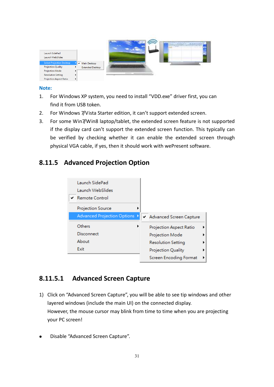 5 advanced projection option, 1 advanced screen capture | wePresent WiPG-2000 User Manual | Page 31 / 72