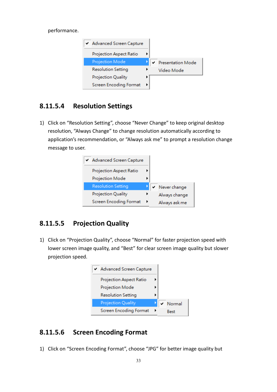 4 resolution settings, 5 projection quality, 6 screen encoding format | wePresent WiPG-2000 User Manual | Page 33 / 72