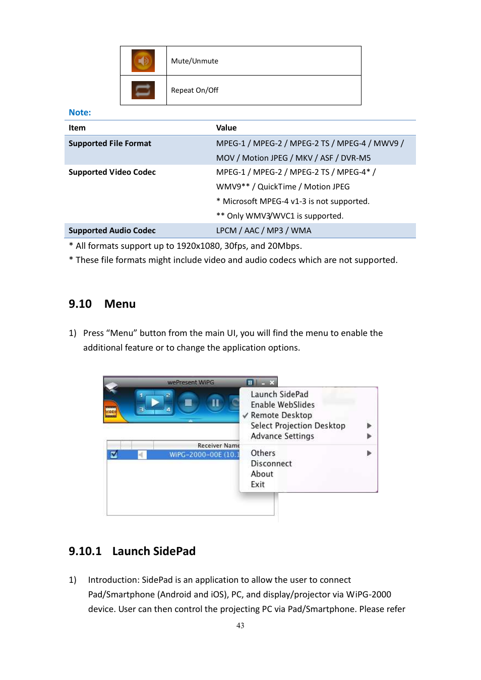 10 menu, 1 launch sidepad | wePresent WiPG-2000 User Manual | Page 43 / 72