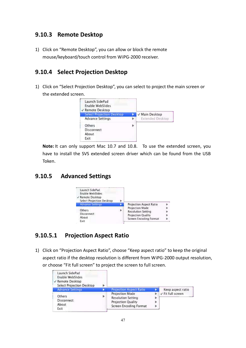 3 remote desktop, 4 select projection desktop, 5 advanced settings | 1 projection aspect ratio | wePresent WiPG-2000 User Manual | Page 47 / 72