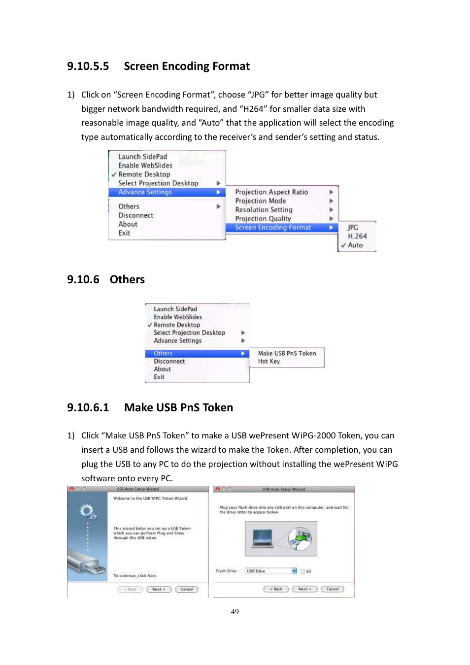 5 screen encoding format, 6 others, 1 make usb pns token | wePresent WiPG-2000 User Manual | Page 49 / 72