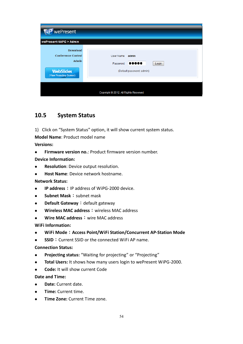 5 system status | wePresent WiPG-2000 User Manual | Page 54 / 72