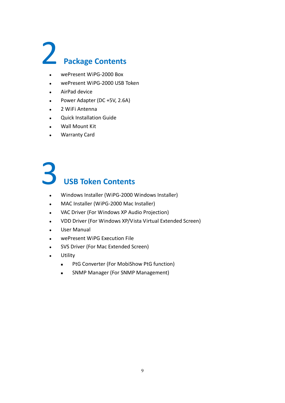 Package contents, Usb token contents | wePresent WiPG-2000 User Manual | Page 9 / 72