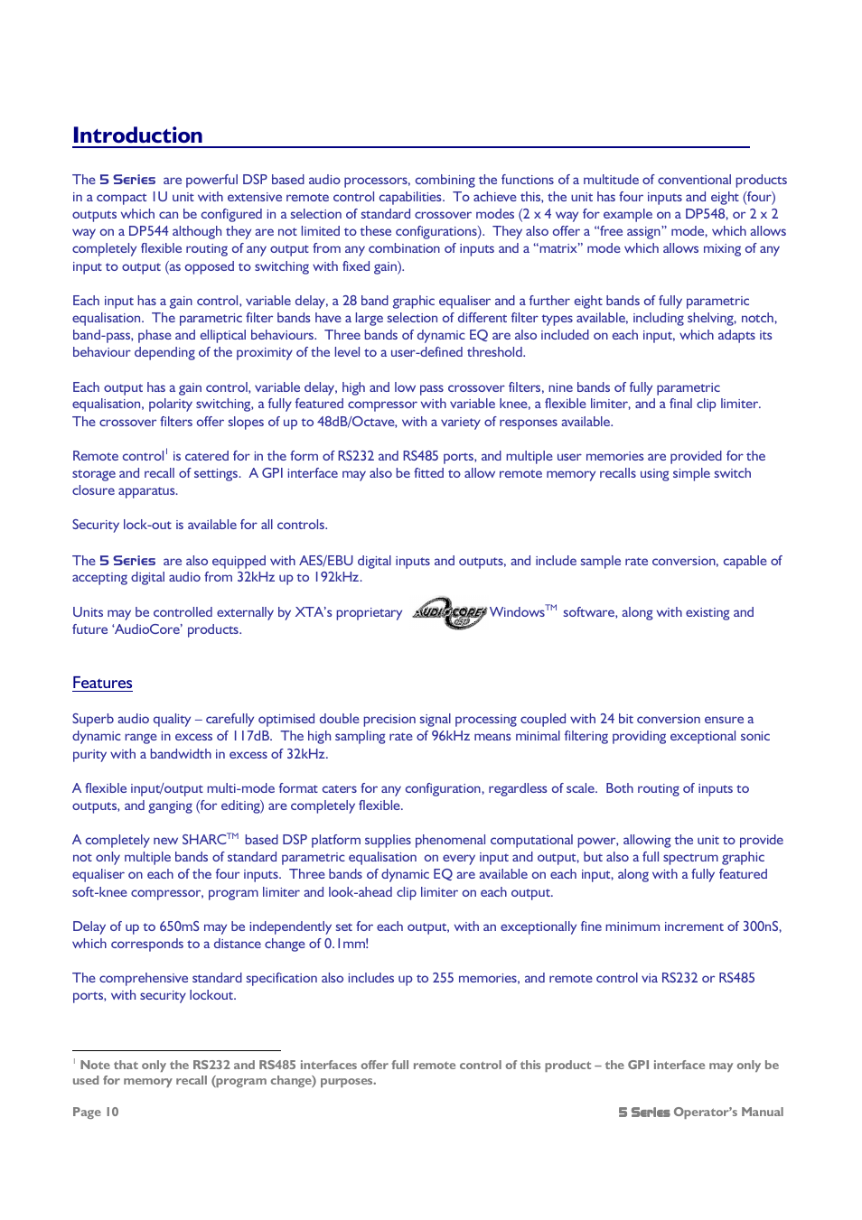 Introduction | XTA 5 Series User Manual | Page 10 / 66