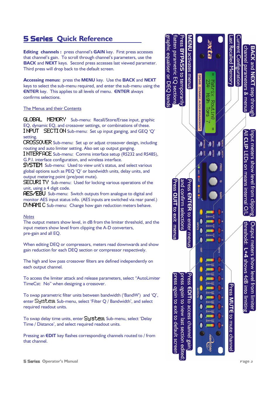 5 series, 5 series 5 series quick reference | XTA 5 Series User Manual | Page 3 / 66