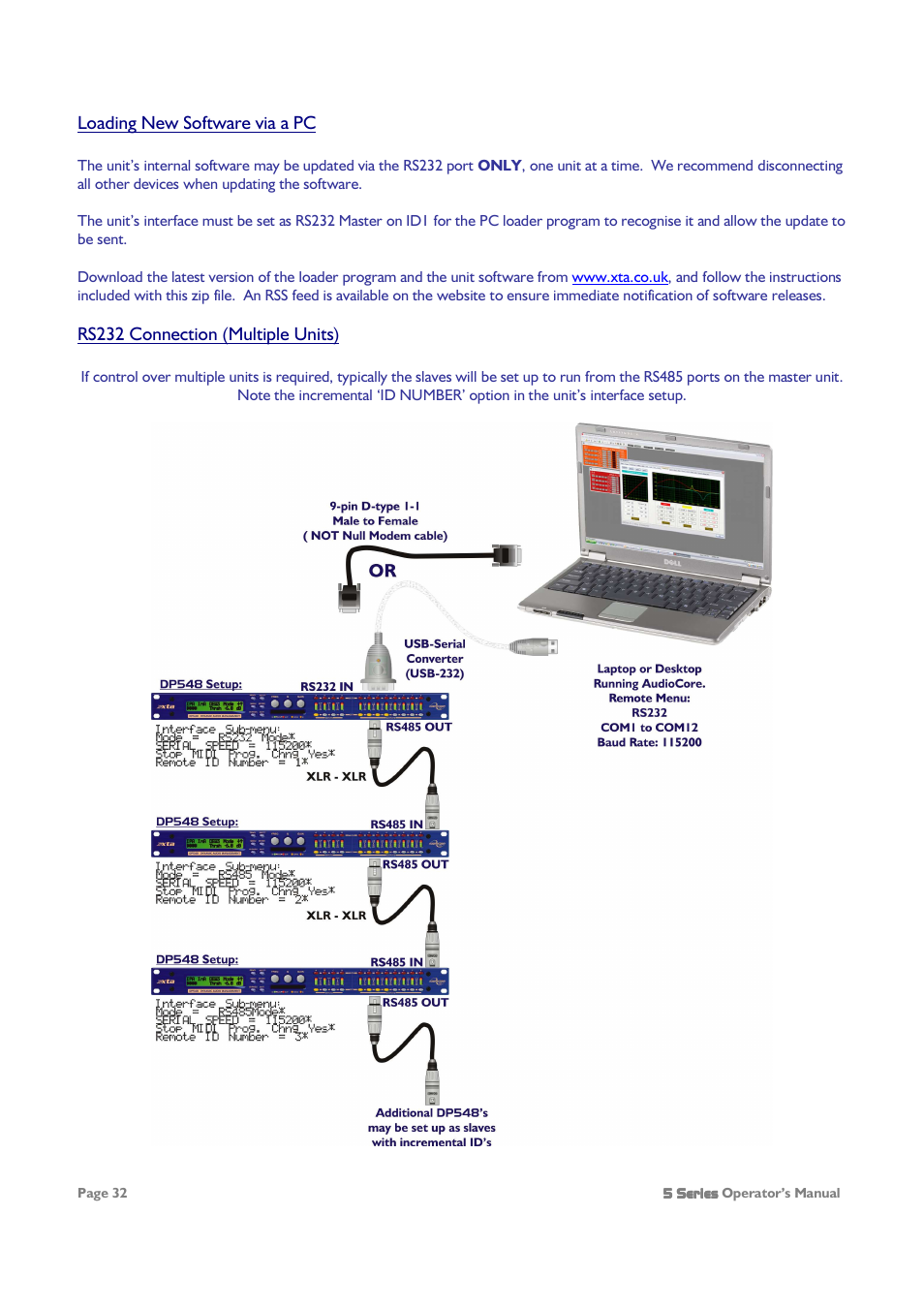 Loading new software via a pc, Rs232 connection (multiple units) | XTA 5 Series User Manual | Page 32 / 66