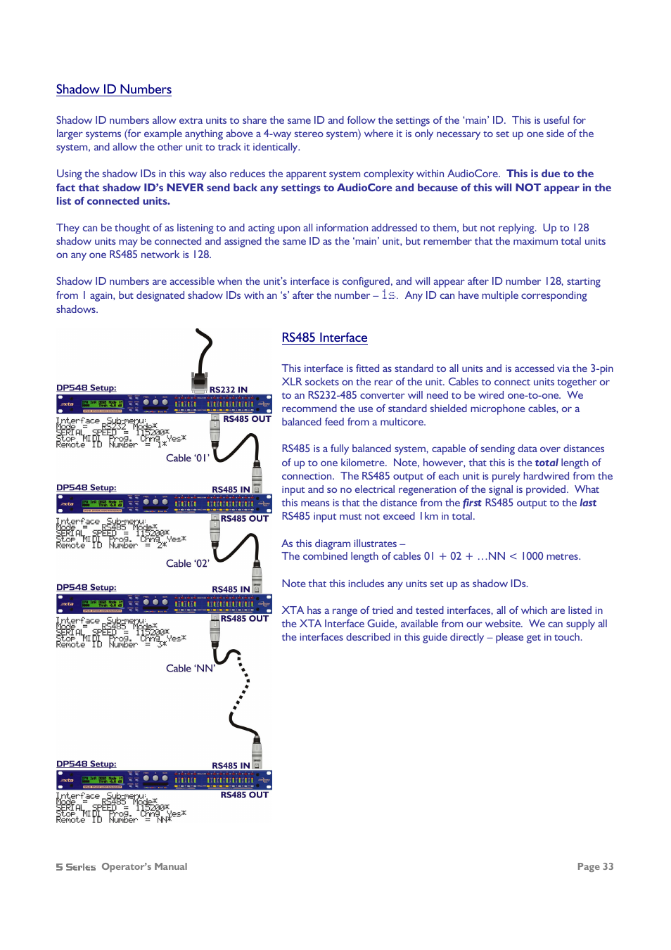 Shadow id numbers, Rs485 interface | XTA 5 Series User Manual | Page 33 / 66