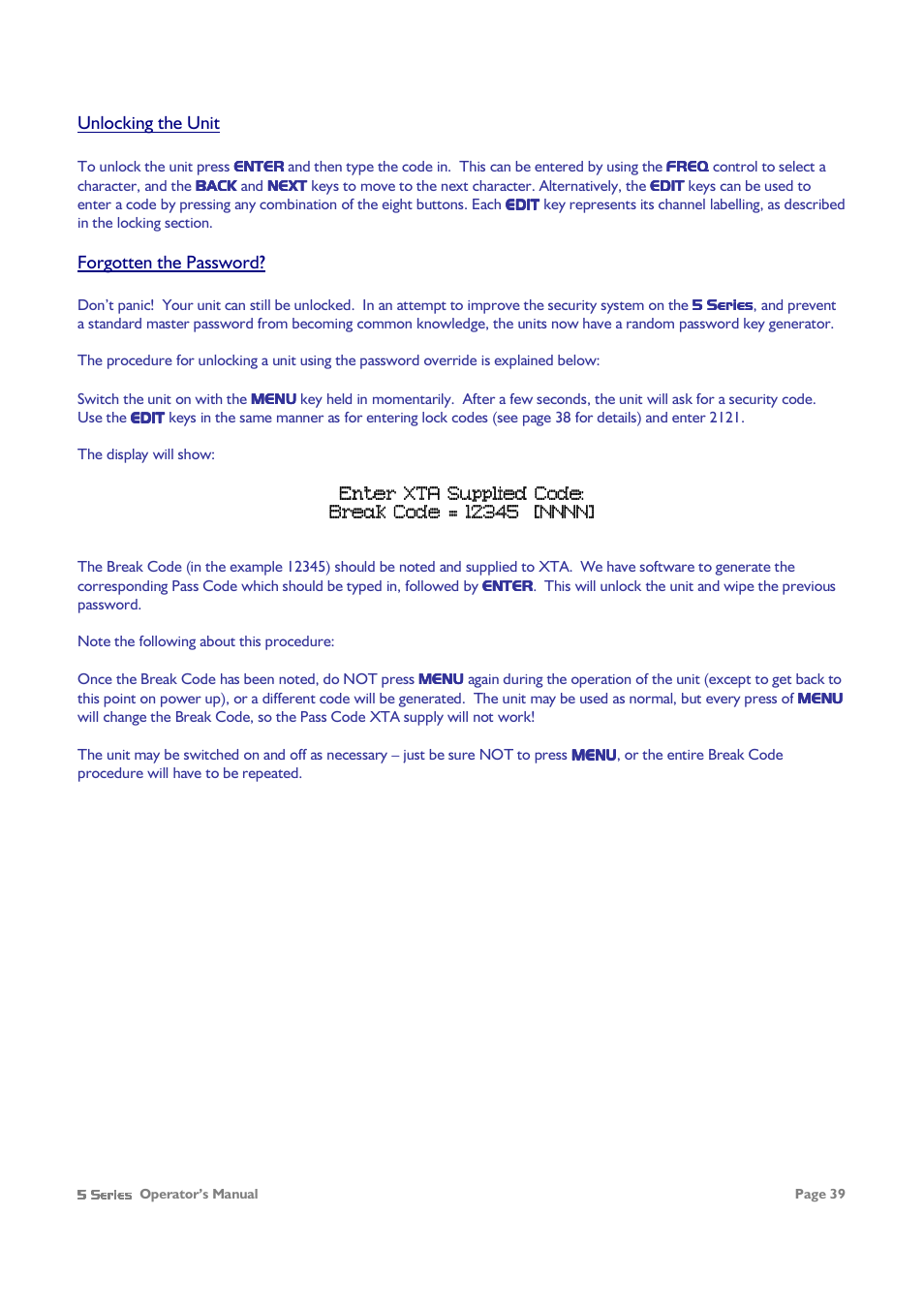 Unlocking the unit, Forgotten the password | XTA 5 Series User Manual | Page 39 / 66