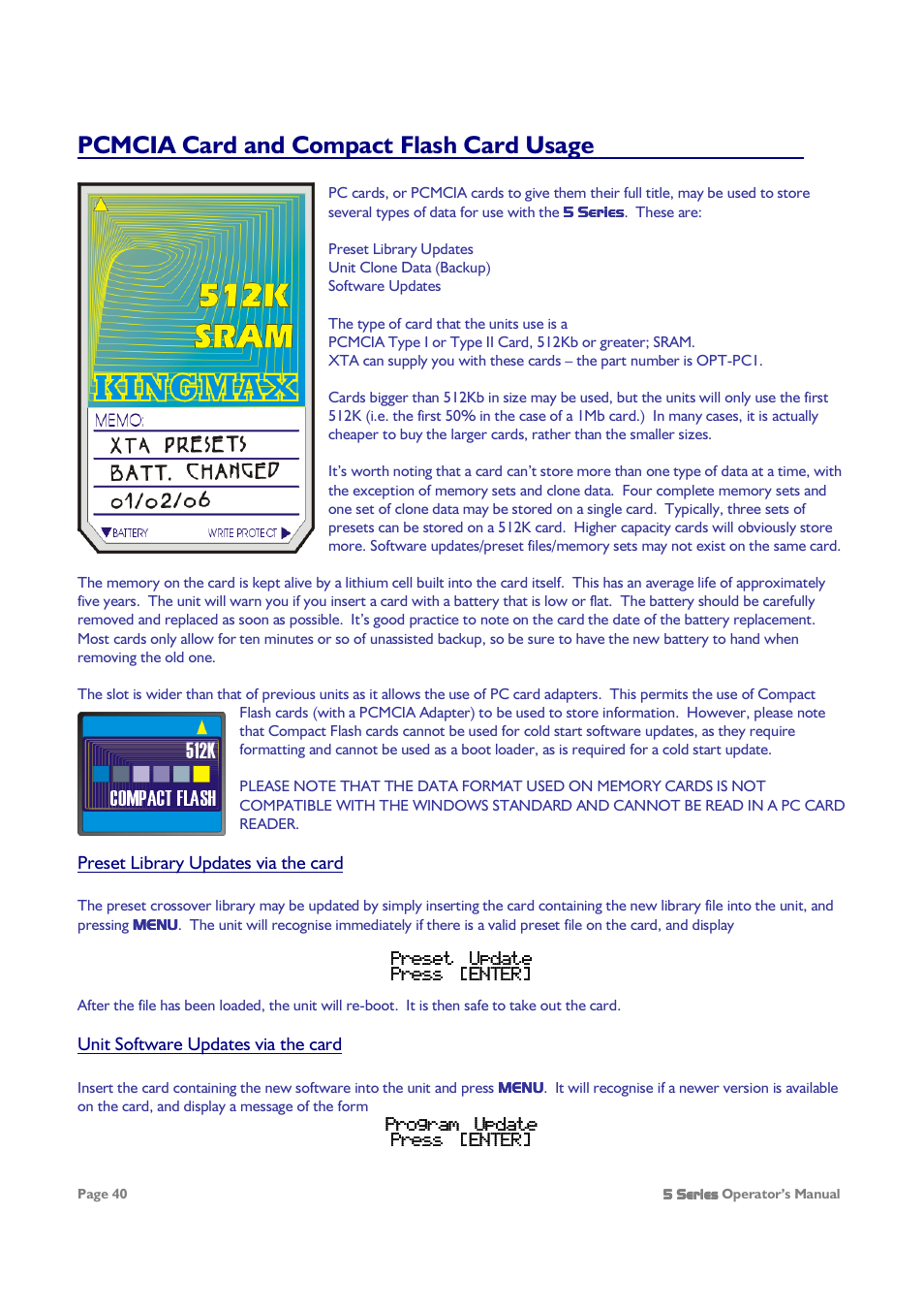 Pcmcia card and compact flash card usage | XTA 5 Series User Manual | Page 40 / 66